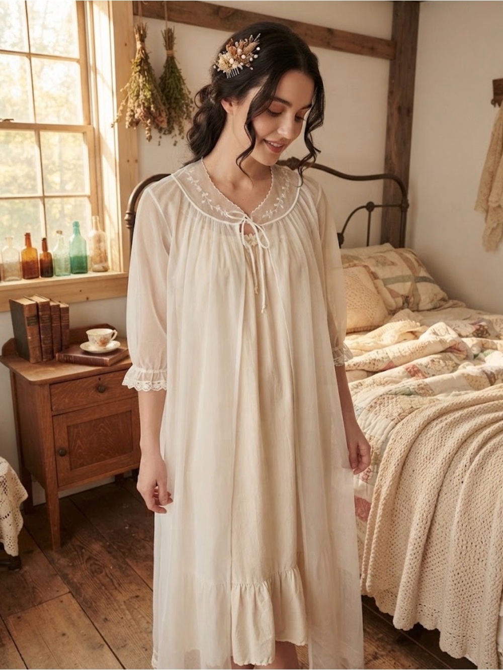 Vintage Sheer White Chiffon Nylon Peignoir Robe Lace Trim, Embroidered Collar